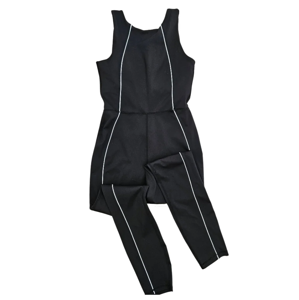 NEW Move Theology M Black Activewear Jumpsuit White Stripe Trim U-2434